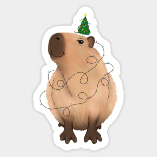 Christmas light up Capybara with string lights and a tree hat Sticker